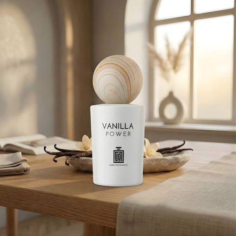 Aura Fragrances Vanilla Power Eau De Parfum spray 100ml bottle with a sleek design and vanilla-themed packaging.