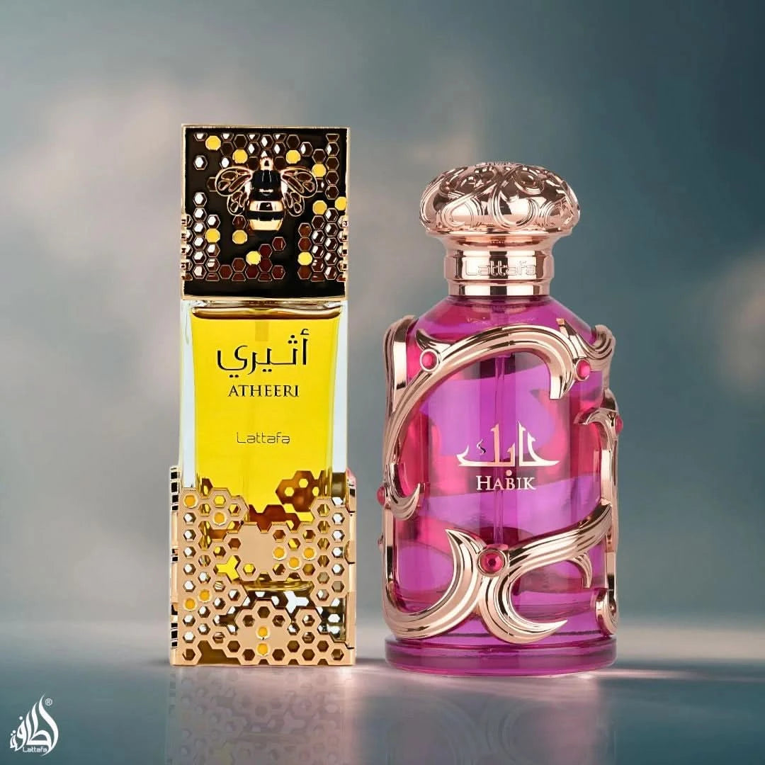 Lattafa Atheeri & Habik women’s Eau de Parfum sprays in 100ml bottles, featuring elegant perfume bottles with floral and oriental scents.