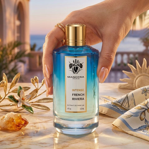 Mancera Intense French Riviera Extrait de Parfum spray bottle, 120ml, featuring elegant packaging and perfume details.