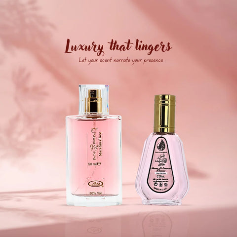 Choco Musk Marshmallow Eau De Parfum Spray 50ml (1.65 oz) by Al Rehab & Pink Blush Shams Al Emarat Khususi Eau de Parfum Spray 50ml (1.7 oz) by Ard Al Zaafaran (Bundle)
