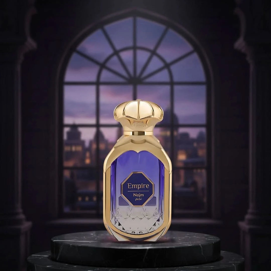 Empire Najm Eau de Parfum spray by Elite Risala, 100ml bottle with elegant packaging and perfume inside.