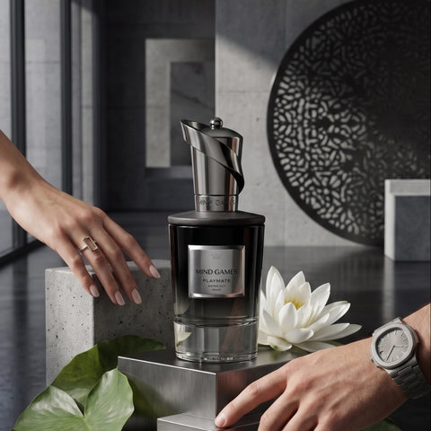 Playmate Extrait de Parfum by Mind Games, 100ml EDP bottle, elegant glass container with a sleek design for women.