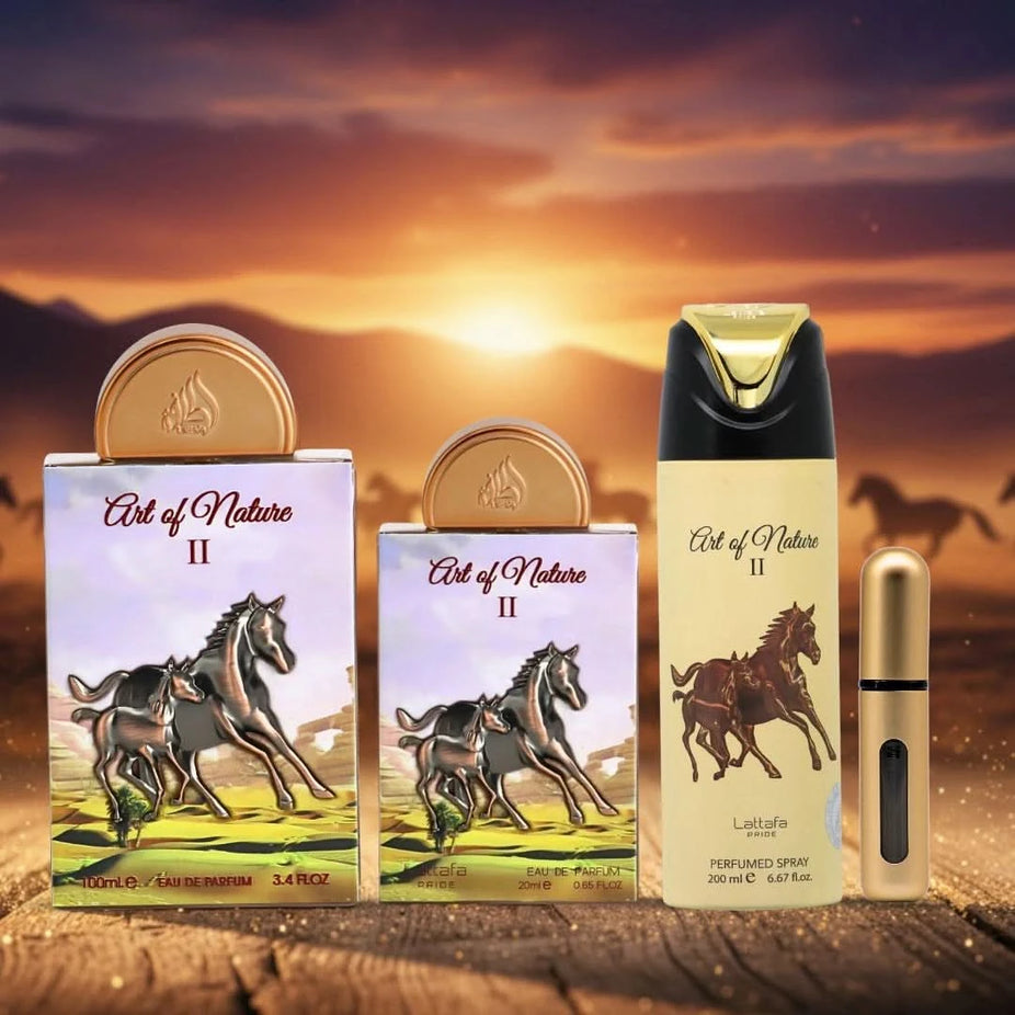 Lattafa Pride Art of Nature II 3-piece perfume gift set with bottles and packaging, elegant and fragrant gift collection.