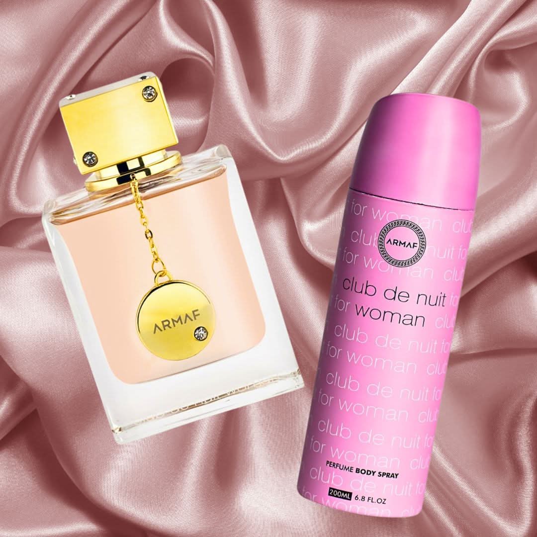 Armaf Club De Nuit Women Eau de Parfum spray and perfumed body spray bundle, featuring 105ml perfume and 200ml body spray.