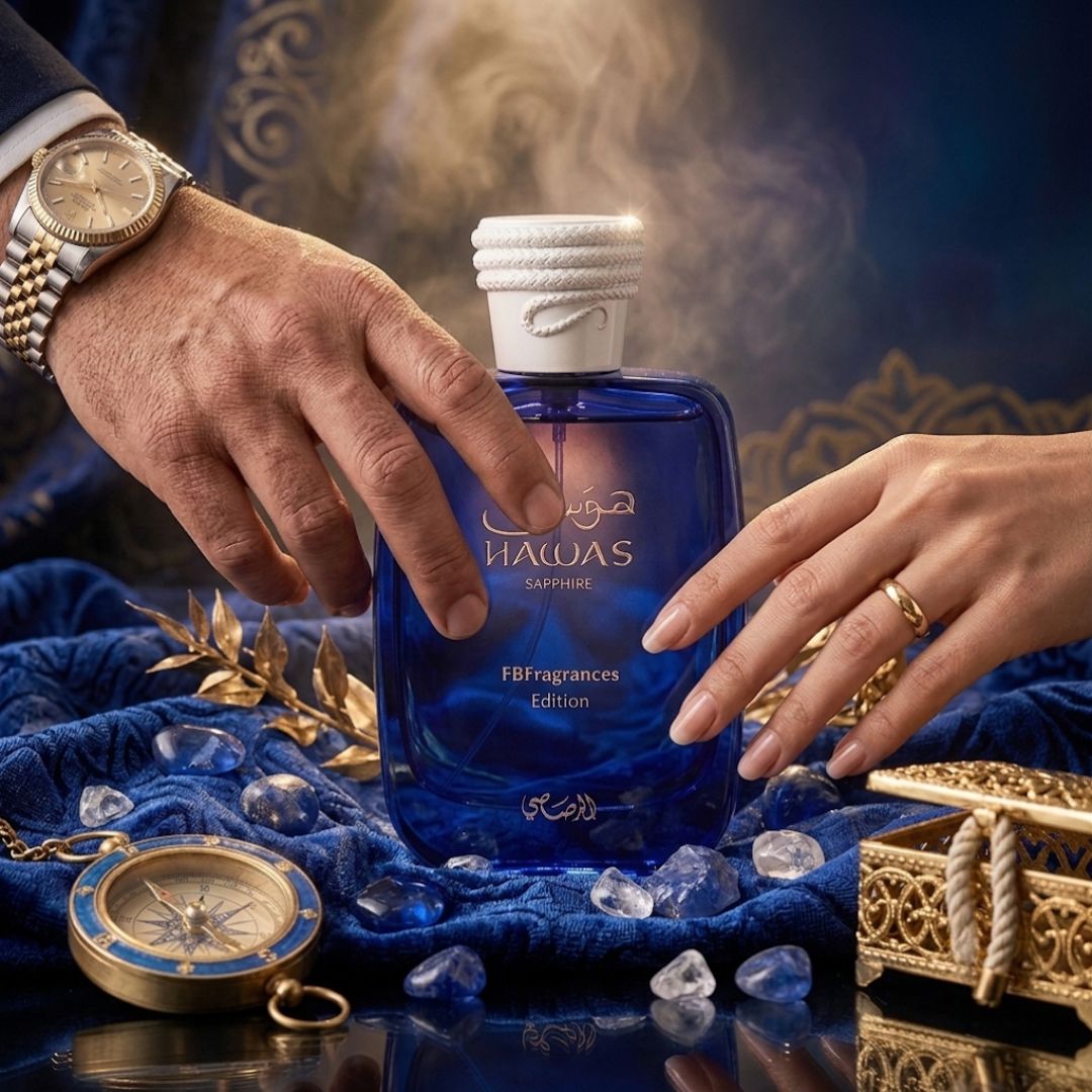 Hawas Sapphire eau de parfum held by a man and a woman, Arabian fragrance gift for him and her.