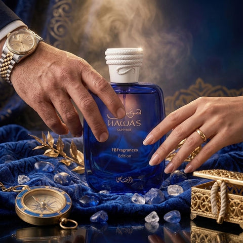 Hawas Sapphire eau de parfum held by a man and a woman, Arabian fragrance gift for him and her.