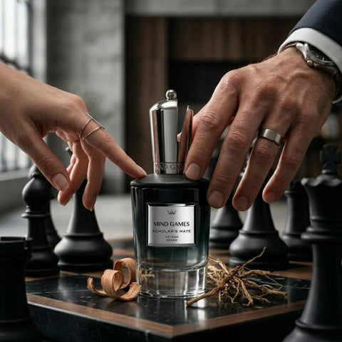 Mind Games Scholar’s Mate Extrait de Parfum 100ml EDP bottle, elegant fragrance container with sleek design.
