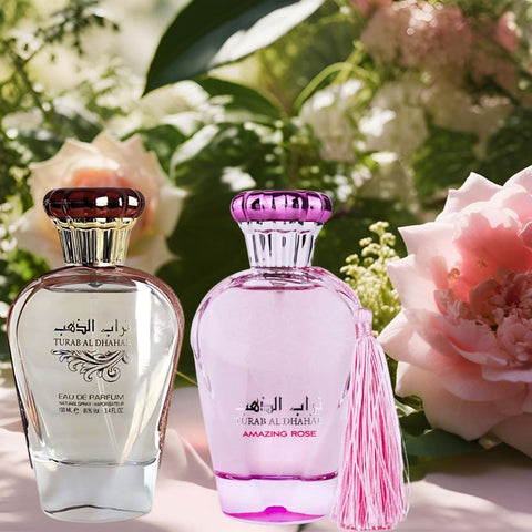 Bundle of Ard Al Zaafaran Turab Al Dhabab and Turab Al Dhahab rose Eau de Parfum sprays, each in 100ml bottles.