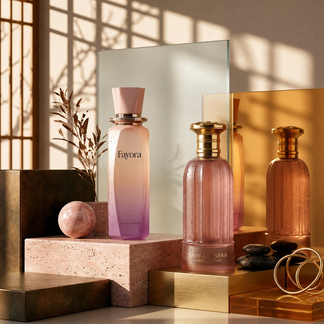 Paris Corner Bayn Al Asrar & Fayora Eau de Parfum bundle, 80ml spray bottles, featuring elegant perfume packaging and branding.