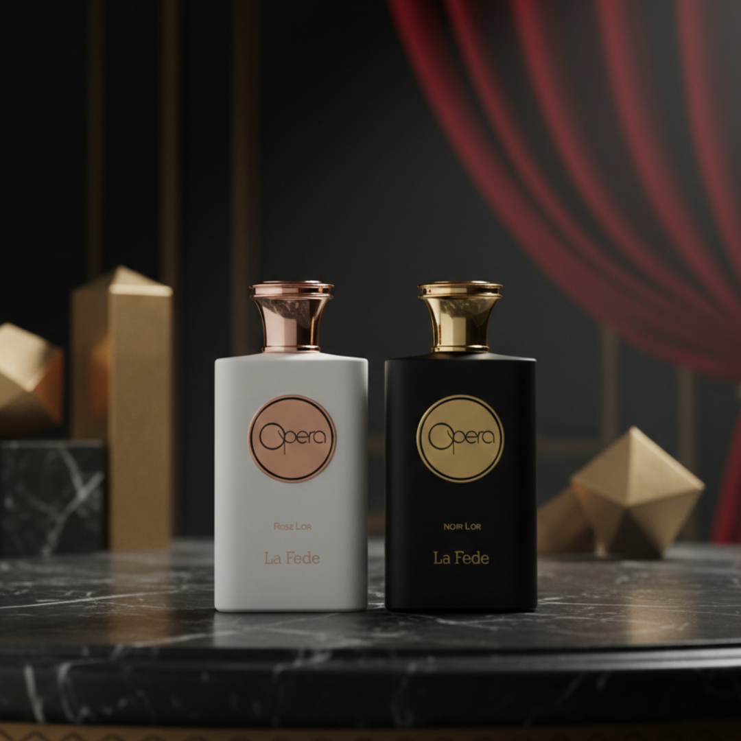 Khadlaj La Fede Opera Rose L'Or and Noir L'Or Eau de Parfum spray bundle, 100ml, featuring elegant perfume bottles with decorative caps.