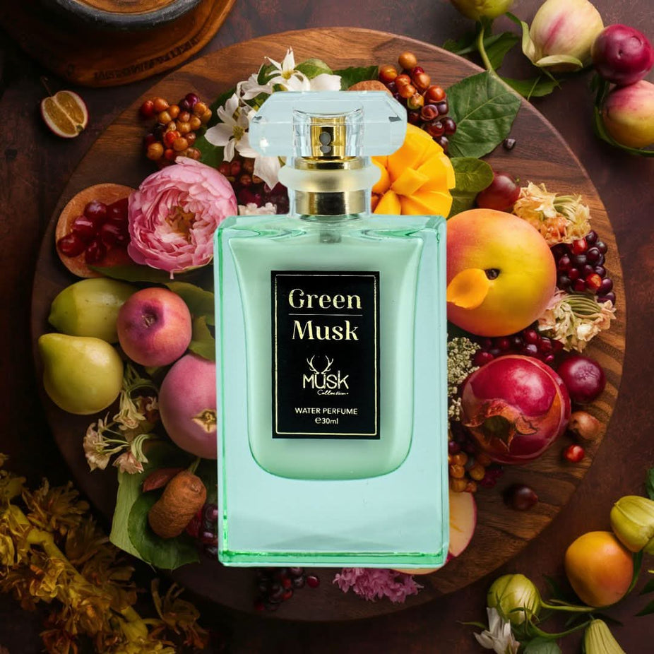 Hamidi Green Musk Water Perfume spray 30ml, elegant bottle with vibrant green liquid, showcasing a refreshing and invigorating scent.