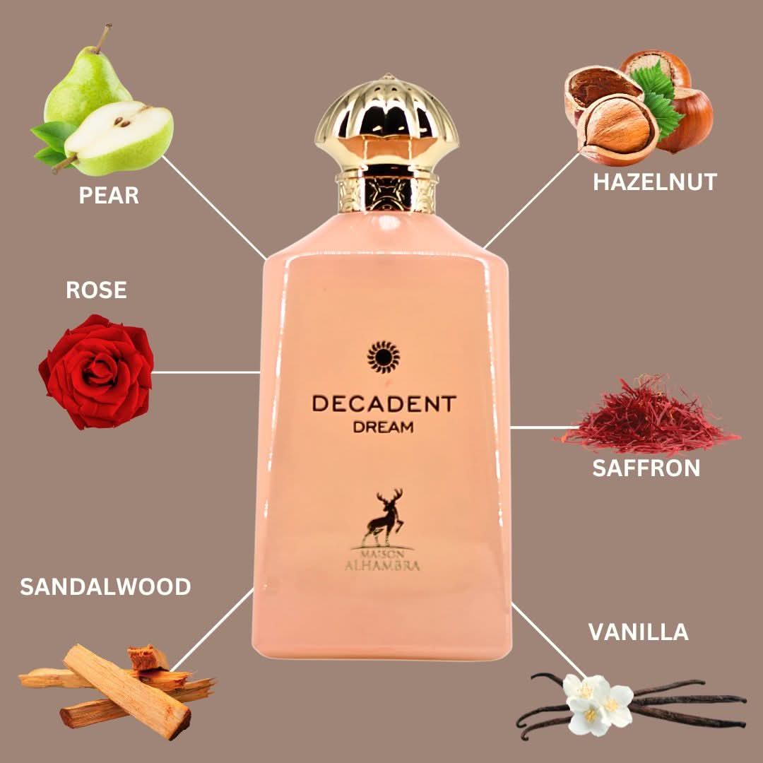 Maison Alhambra Decadent Dream Eau de Parfum spray 100ml with velvet pouch, elegant bottle and luxurious packaging.