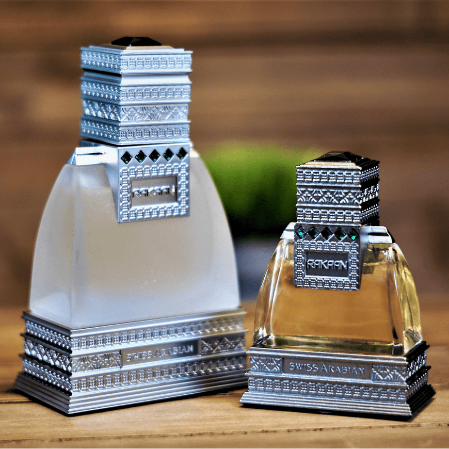 Swiss Arabian Rakaan for Men EDP 50ML bottle, elegant glass container with black cap, showcasing luxurious masculine fragrance.