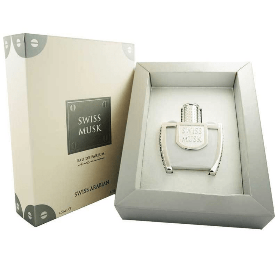 Swiss Arabian Swiss Musk EDP 45ml bottle displayed with elegant packaging and branding in the background.