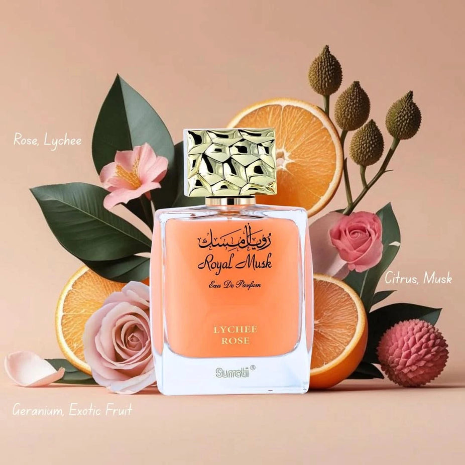 Surrati Royal Musk Lychee Rose Eau de Parfum spray bottle, 100ml, with elegant design and floral fragrance elements.