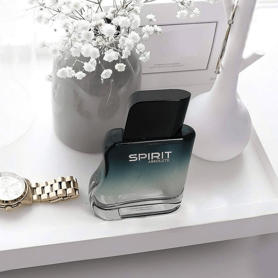 Swiss Arabian Spirit Absolute for Men EDP bottle, 100ml, with sleek design and label visible in the image.