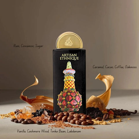 Lattafa Artisan Ethnique Eau de Parfum spray 100ml in a velvet pouch, featuring elegant bottle design and luxurious fragrance.