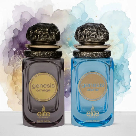 Elite Risala Genesis Omega and Alpha Eau de Parfum bundle, 100ml bottles, sleek packaging, stylish design, and fragrance sprays.