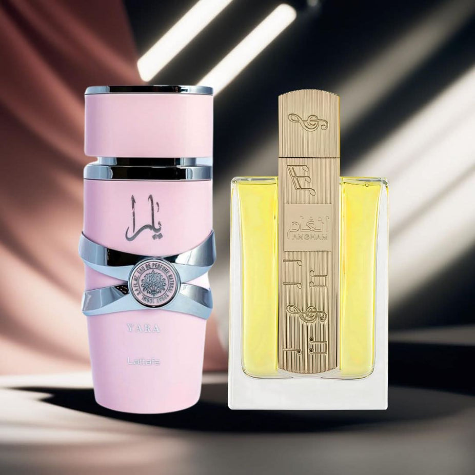 Lattafa Yara & Angham Eau de Parfum spray bundle, 100ml each, featuring elegant bottles of floral and oriental fragrances.