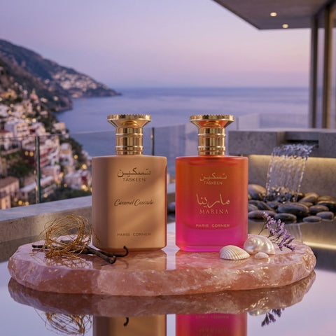 Paris Corner Taskeen Caramel Cascade and Marina Eau de Parfum bundle, 100ml spray bottles with elegant packaging.