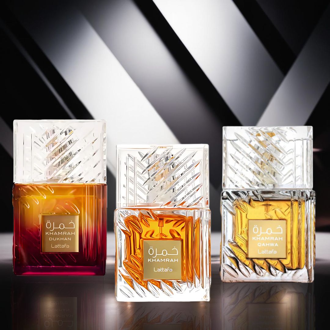 Khamrah, Khamrah Qahwa & Khamrah Dukhan Eau De Parfum Sprays 100ML (3.4 OZ) by Lattafa | Three Expressions of Indulgence: Bold, Gourmand & Mysteriously Rich. (Collection) - Intense Oud