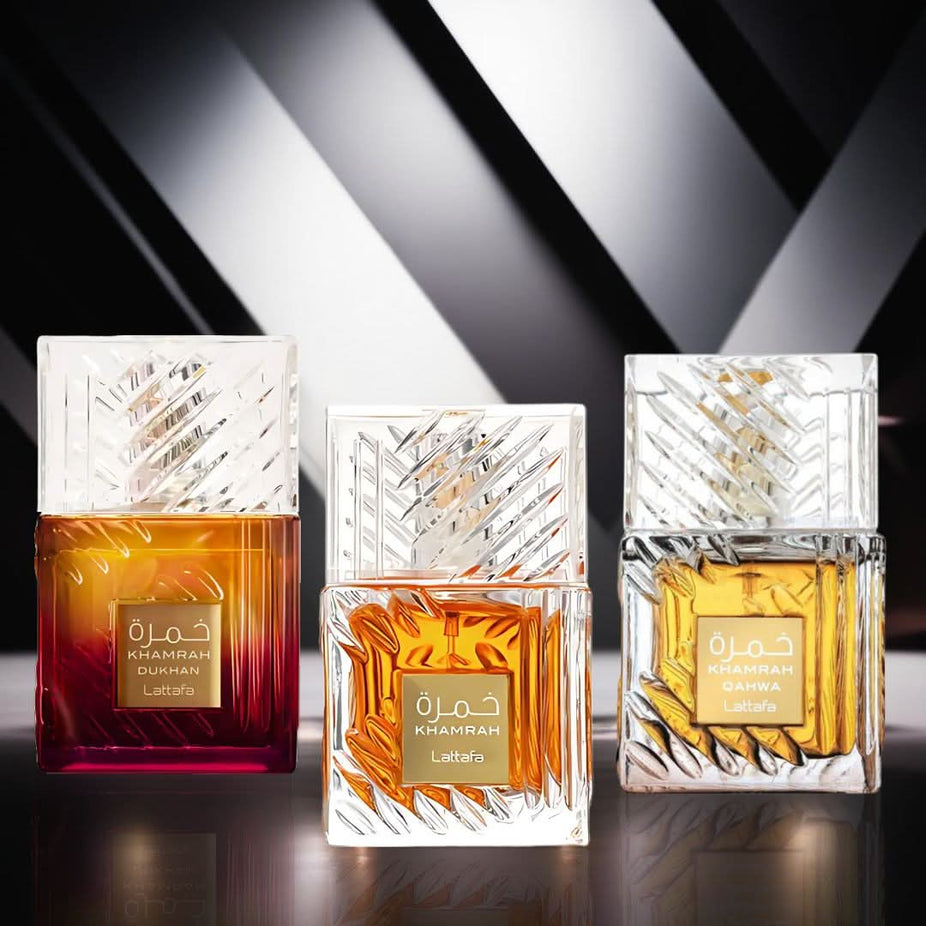 Lattafa Khamrah Eau de Parfum sprays, 100ml bottles, featuring elegant packaging from the Khamrah collection.