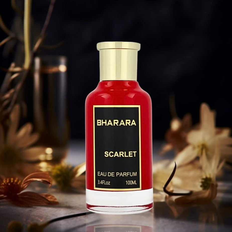 Bharara Scarlet Eau de Parfum spray bottle with elegant packaging and red accents, 100ml (3.4 oz), by Bharara.