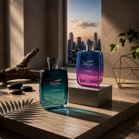 Bundle of two Rasasi Hawas Malibu and Hawas London Eau de Parfum sprays, 100ml each, featuring sleek bottles and elegant packaging.