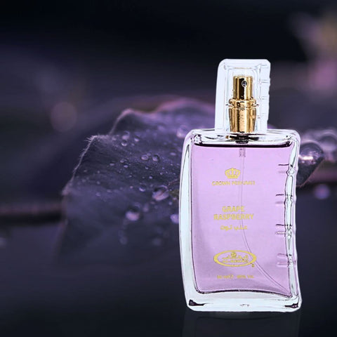 Al Rehab Grape Raspberry Eau de Parfum spray in a 50ml bottle, displayed with a velvet pouch, showcasing the elegant fragrance bottle.