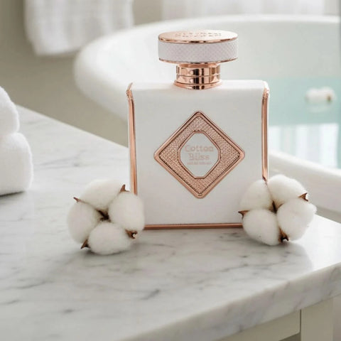RISALA Cotton Bliss Eau de Parfum spray 100ml, elegant bottle with velvet pouch, showcasing the luxurious fragrance design.