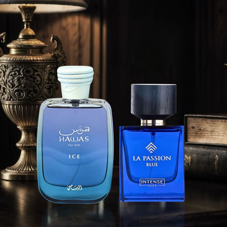Bundle of two 100ml Eau de Parfum sprays including Hawas Ice by Rasasi and La Passion Blue by Intense Oud, showcasing elegant perfume bottles.