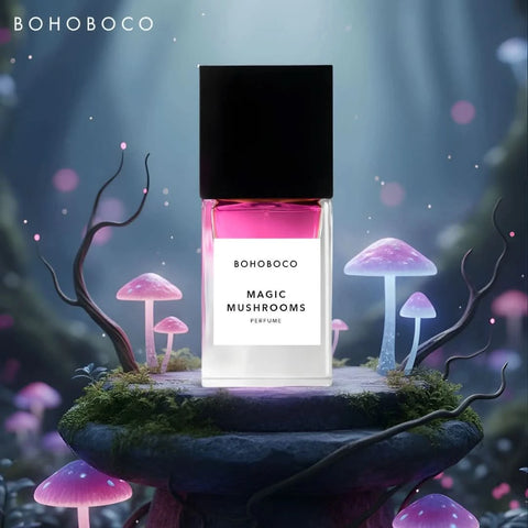 Bohoboco Magic Mushrooms Eau de Parfum spray bottle with elegant packaging, 50ml, showcasing the product label and design.