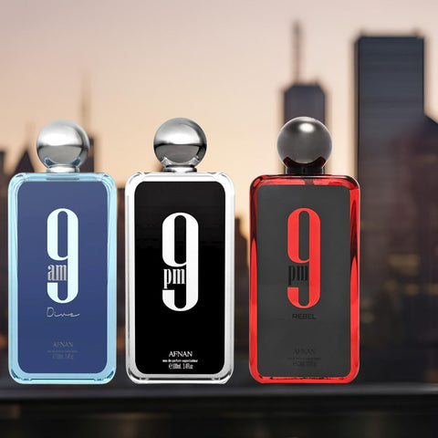 9PM, 9PM Rebel & 9AM Dive Eau De Parfum Sprays 100ML (3.4 OZ) by Afnan | A Captivating Bundle of Crisp Apple, Vibrant Citrus & Vanilla. (Bundle) - Intense Oud