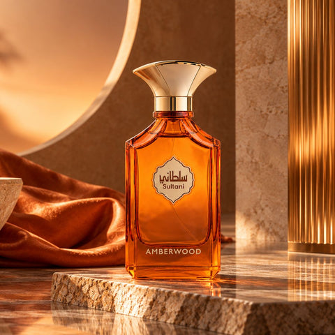 Arabian Oud Sultani Amberwood Eau de Parfum spray bottle, 100ml, with elegant amber and wood fragrance details visible.