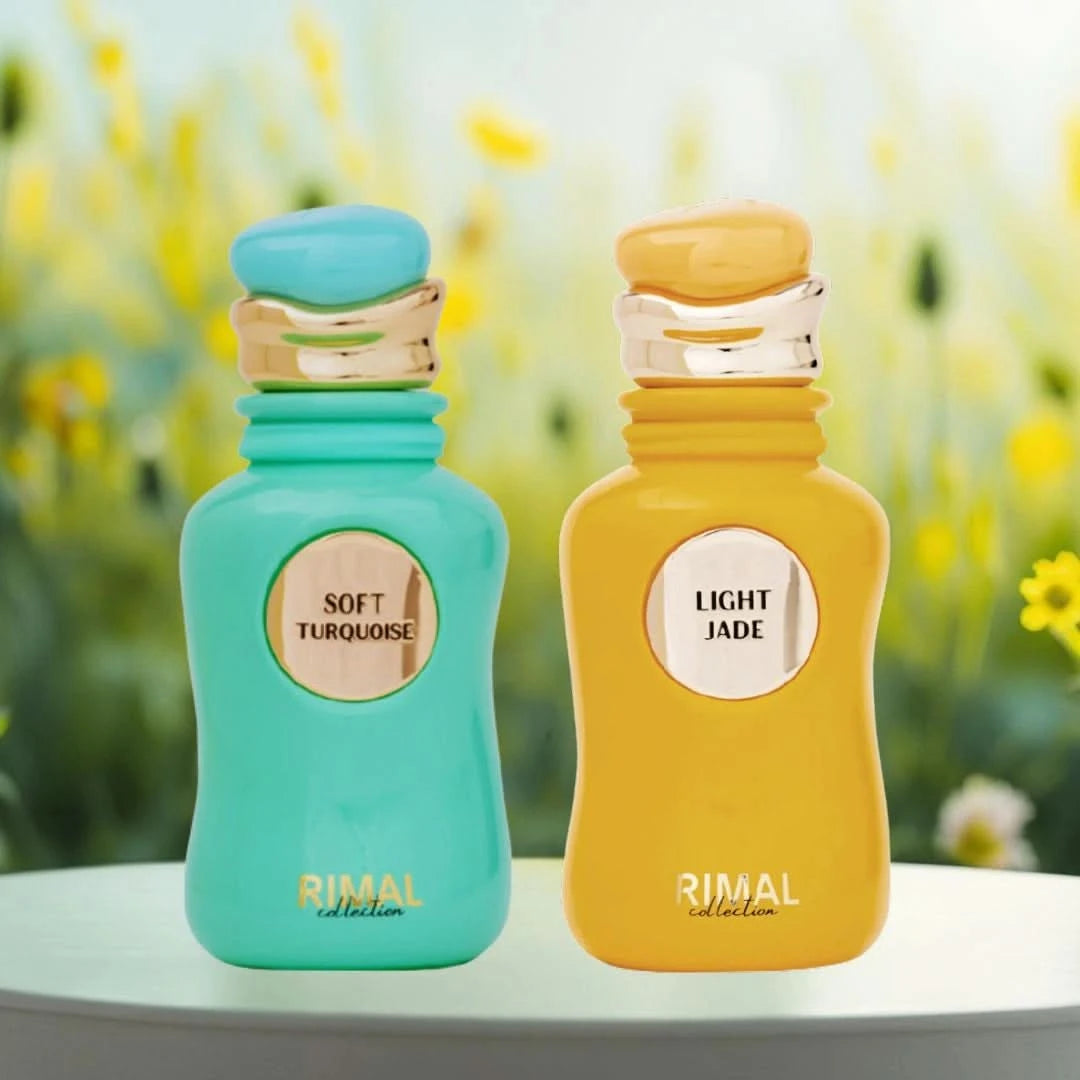 Bundle of six Rimal Collection Soft Turquoise and Light Jade Eau de Parfum sprays, 100ml each, featuring turquoise and green bottles.