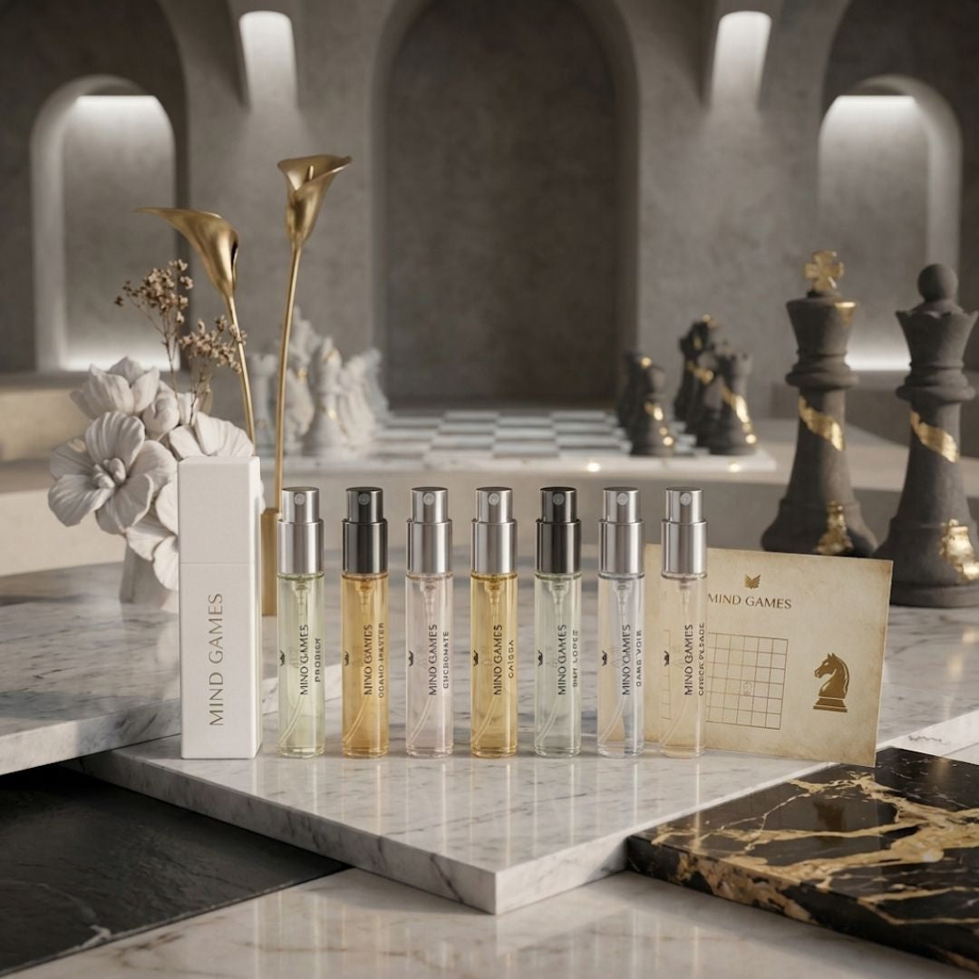 Mind Games Olfactive Floral 7-piece discovery set with seven 7.5ml perfume samples in elegant bottles.