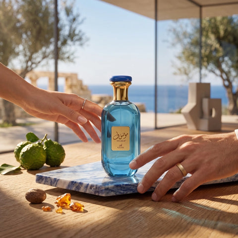 Mousuf Azure Eau de Parfum spray by Ard Al Zaafaran in 100ml bottle, elegant design with blue accents and fragrance details.