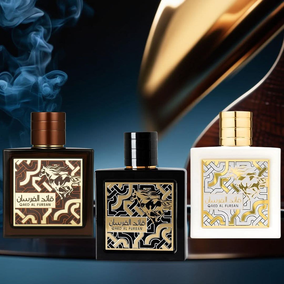 Lattafa Qaed Al Fursan perfume collection featuring three 90ml Eau de Parfum sprays in elegant bottles.