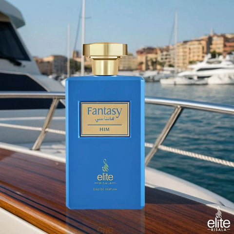 Elite Risala Fantasy For Him Eau de Parfum spray 100ml with sleek bottle, showcasing elegant design and dark color.