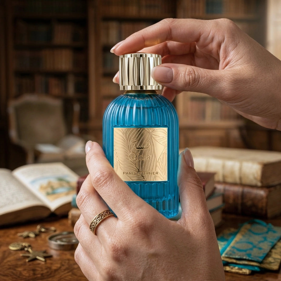 Qissa Blue Eau De Parfum spray by Paris Corner, 100ml bottle, elegant perfume bottle with blue accents, fine fragrance display