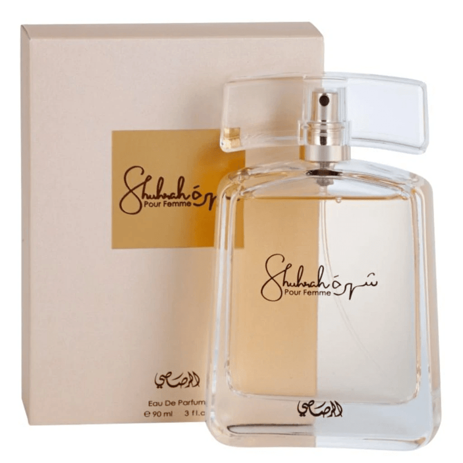 Rasasi Shuhrah Men & Women EDP bundle, 90ml bottles, featuring elegant perfume bottles with floral and woody scent notes.