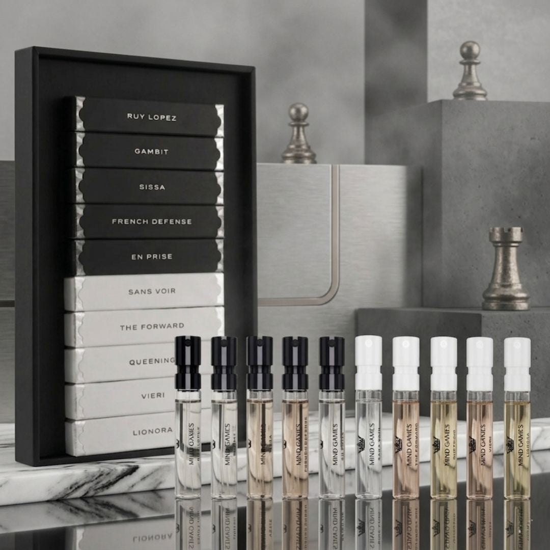 Mind Games Soulmate Collection 10-piece sample discovery set with ten 2ml bottles, showcasing colorful, small fragrance samples.