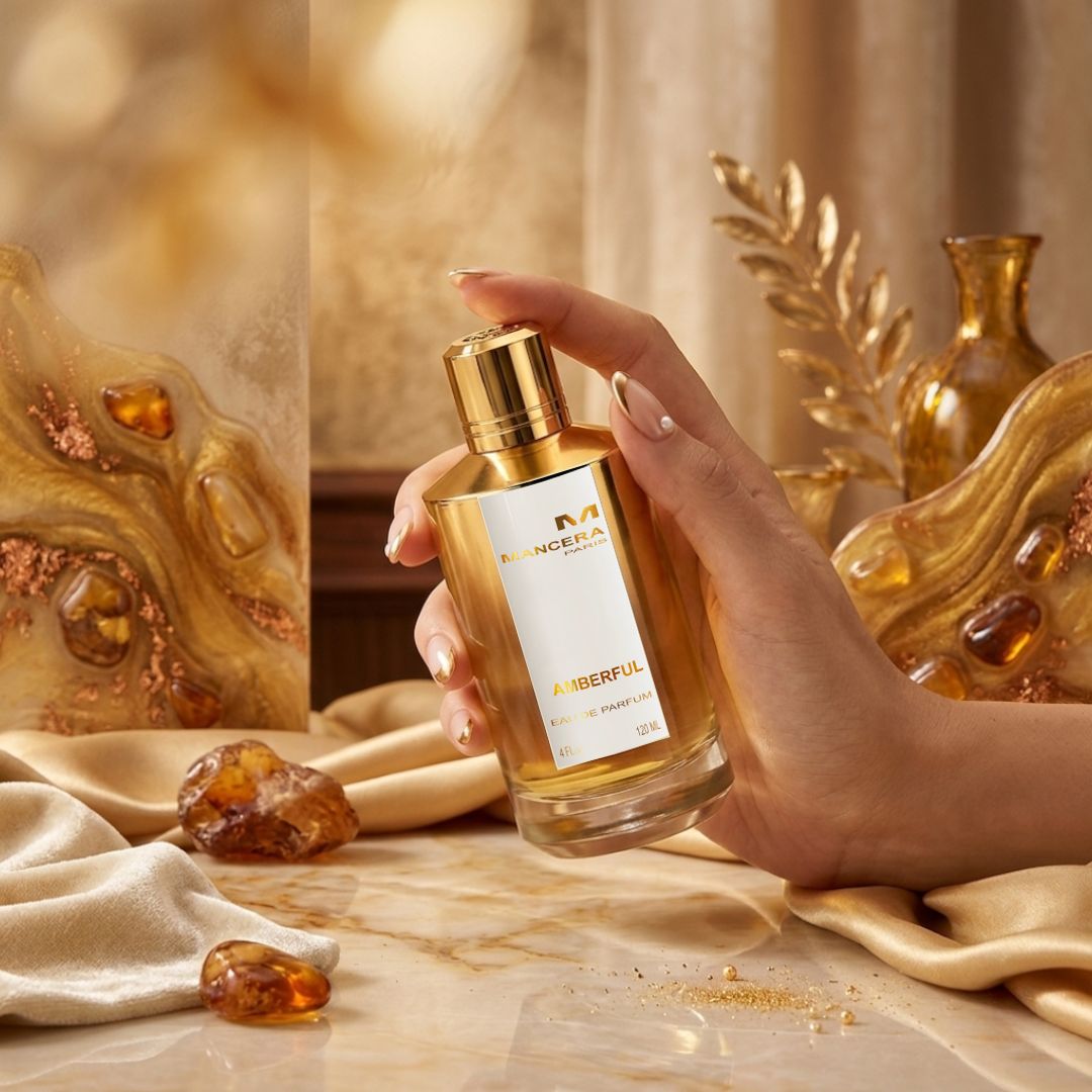 Mancera Amberful Eau de Parfum spray bottle, 120ml, with elegant packaging and amber-colored liquid visible.