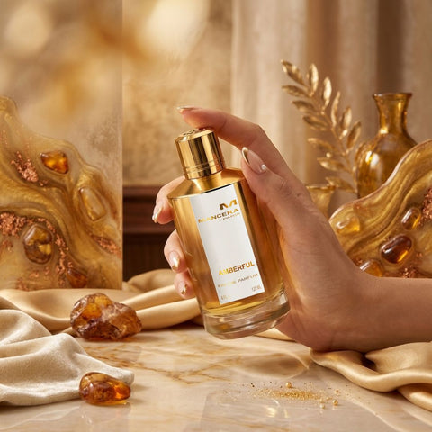 Mancera Amberful Eau de Parfum spray bottle, 120ml, with elegant packaging and amber-colored liquid visible.