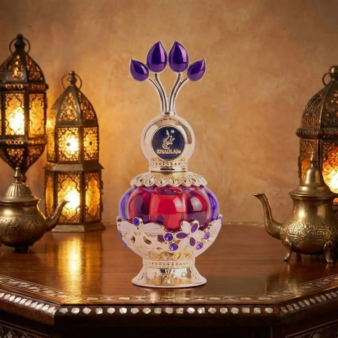 Purple Musk concentrated perfume oil by Khadlaj in a 20ml bottle, featuring a deep purple packaging and sleek design.