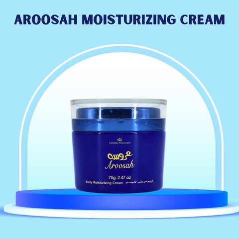 Aroosah Body Moisturizing Cream by Al Rehab in a 70g jar, smooth cream texture visible, ideal for nourishing skin.