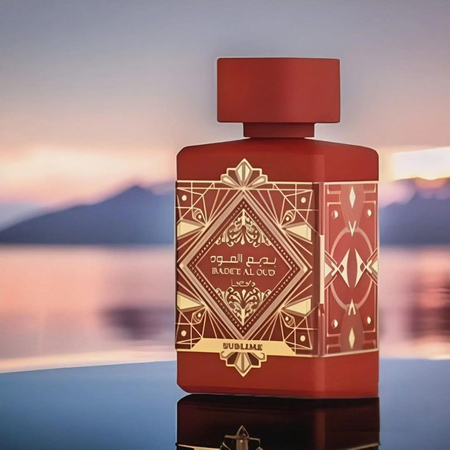 Intense Oud Bade'e Al Oud Sublime Eau de Parfum and Deodorant Spray value pack with 100ml perfume and 200ml deodorant bottles.