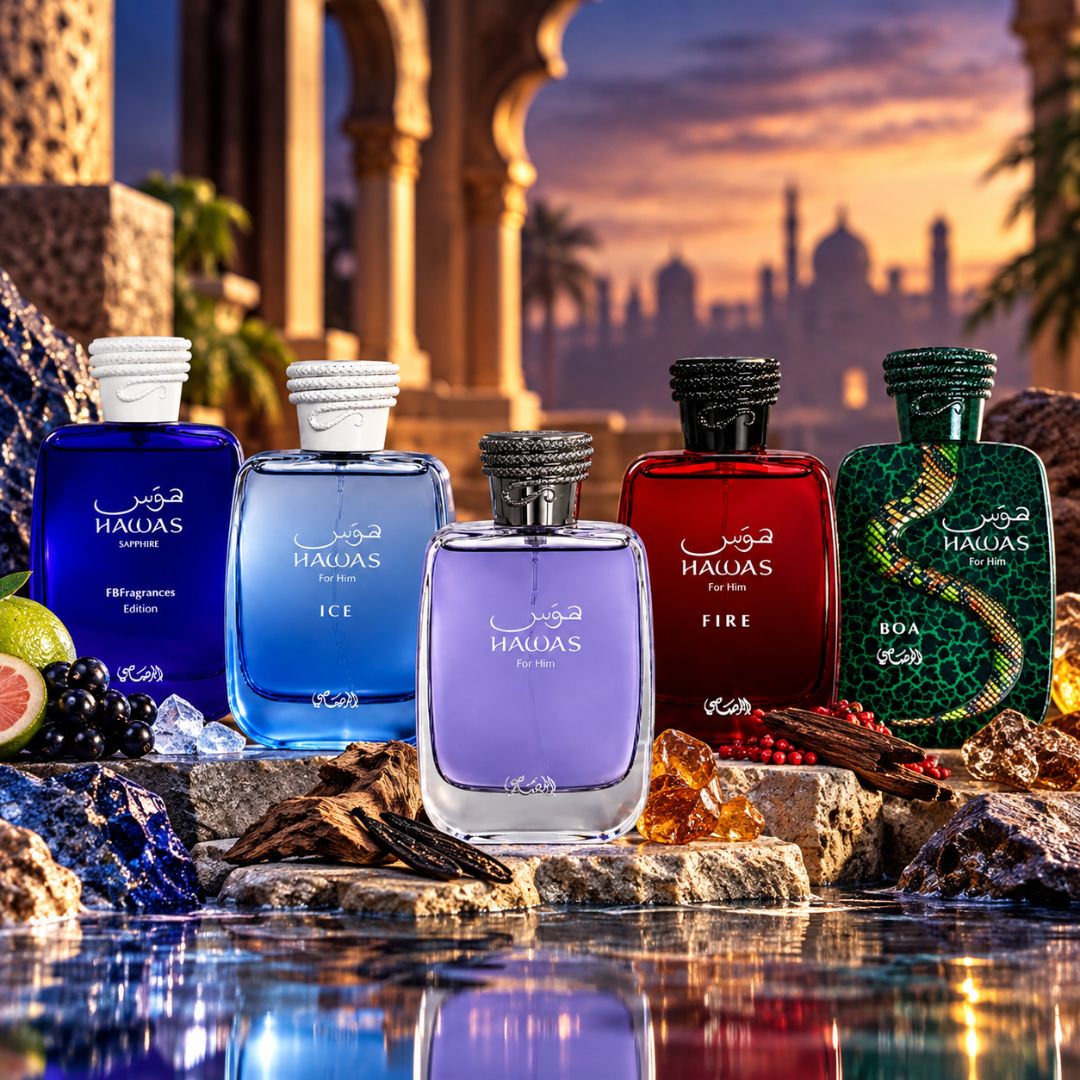 Rasasi Hawas For Men Eau de Parfum bundle including Ice, Fire, Sapphire, and Boa scents in 100ml bottles, displayed together.