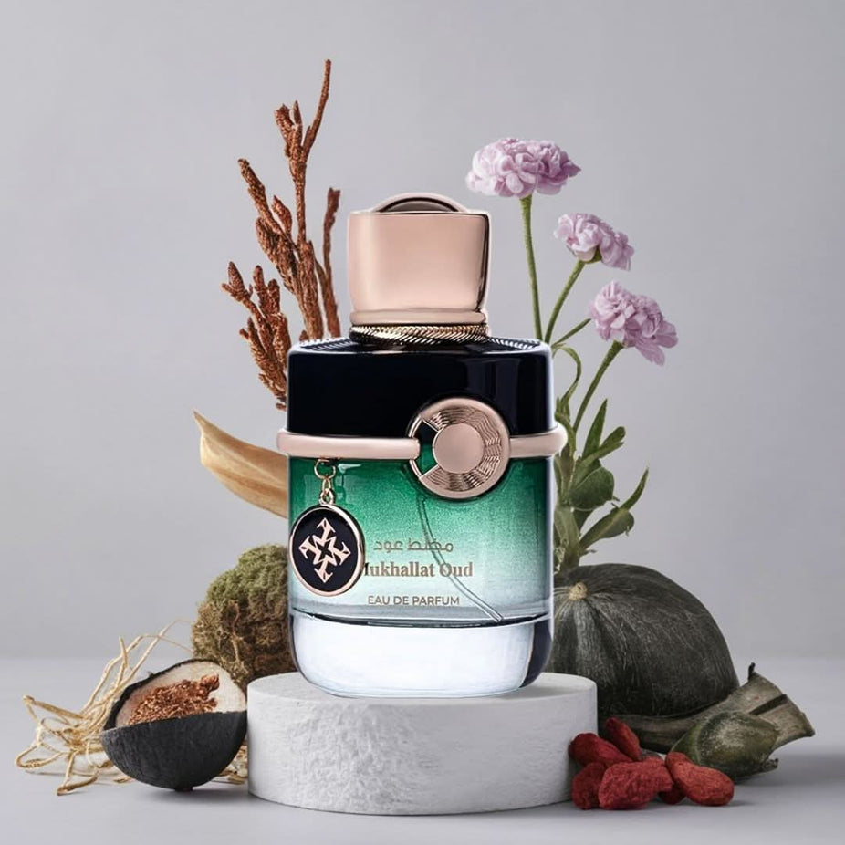 Azha Oud Collection Mukhallat Oud Eau De Parfum 100ML bottle with elegant design, luxurious fragrance, and captivating scent.