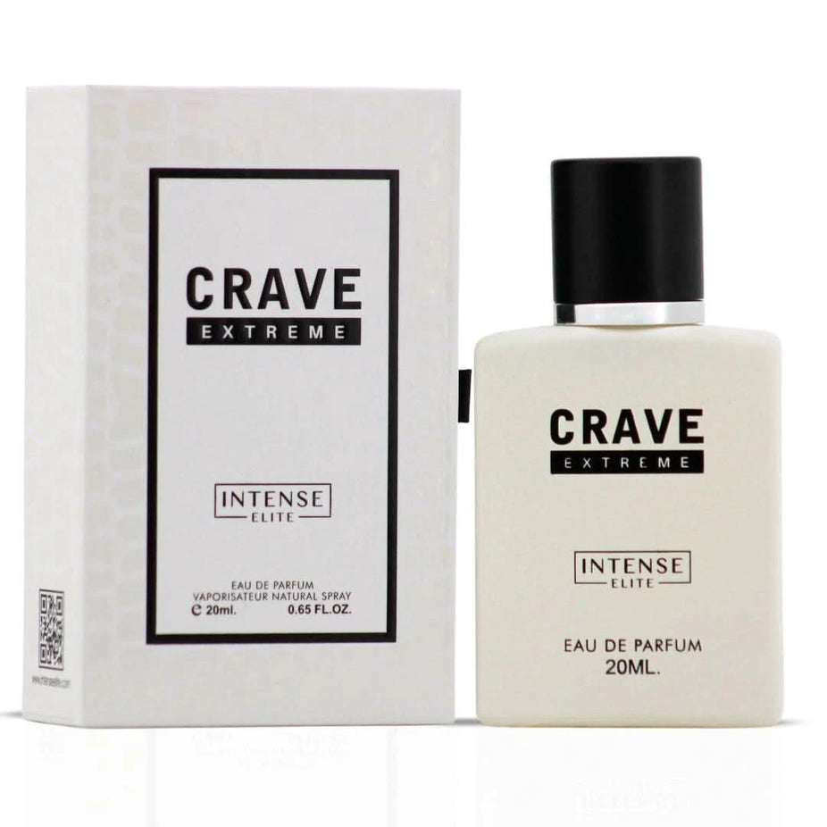 Set of three Intense Elite La Passion Blue, La Passion Absolu, and Crave Extreme Eau de Parfum sprays in 20ml bottles.